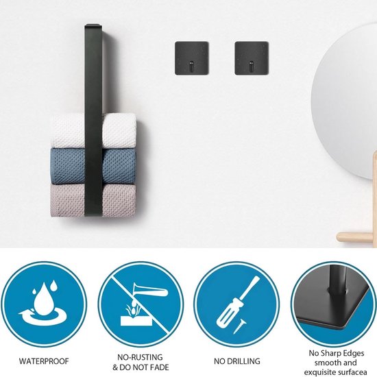 Handdoekhouder zonder boren, handdoekhouder voor gasten, zelfklevend, zonder boren, met 2 handdoekhaken, 42 cm (zwart)