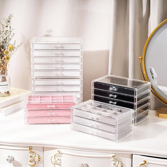 Acryl Sieraden Organizer Sieradendoos voor Dames Duidelijke Sieradenopslag Sieradendoos Sieradendoos met 3 Laden voor Oorbellen, Ringen, Armbanden - Zwart