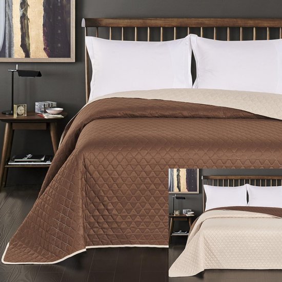 DecoKing - Sprei, bedsprei, 200x220 cm - doorgestikte sprei, tweezijdig, reliëfpatroon, ruiten - crème/bruin 200x220 cm