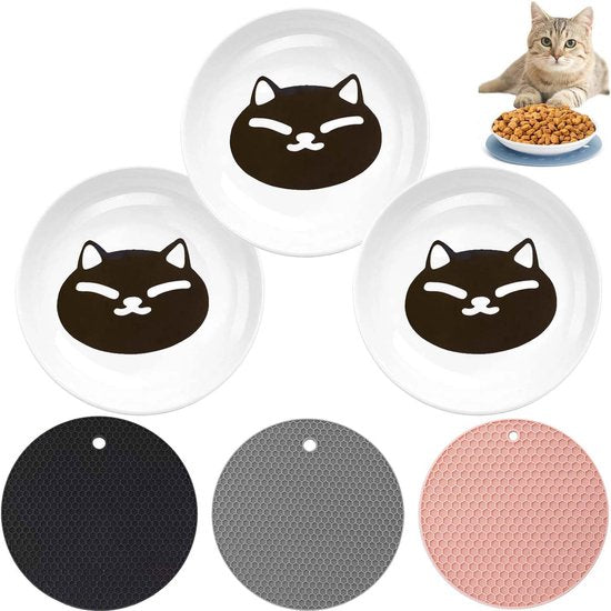 Keramische kattenvoerbakken, kattenvoerbak, keramiek, 3 stuks brede platte kattenvoerborden, met 3 antislipmatten, voerbak kattenbak antislipset, platte kommen voor kittens en kleine dieren