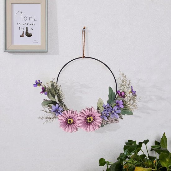 Deurkrans, krans, decoratie, kunstbloemen, gerbera, krans, slinger, welkom, slinger, lente, wandkrans, metalen decoratie, ringen, lentedecoratie voor Pasen, bruiloft, woonkamer, bruiloft