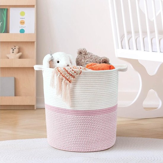 grote wasmand voor kinderkamer katoenen mand touw opbergmand voor speelgoed dekenmand Ø 36 x diepte 34 x hoogte 41 cm, wit en roze