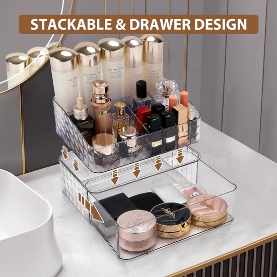 Make-up organizer, cosmetica-organizer, opslag met lade en 11 vakken, cosmetic skin care organizer, multifunctioneel voor slaapkamer, badkamer (transparant wit)