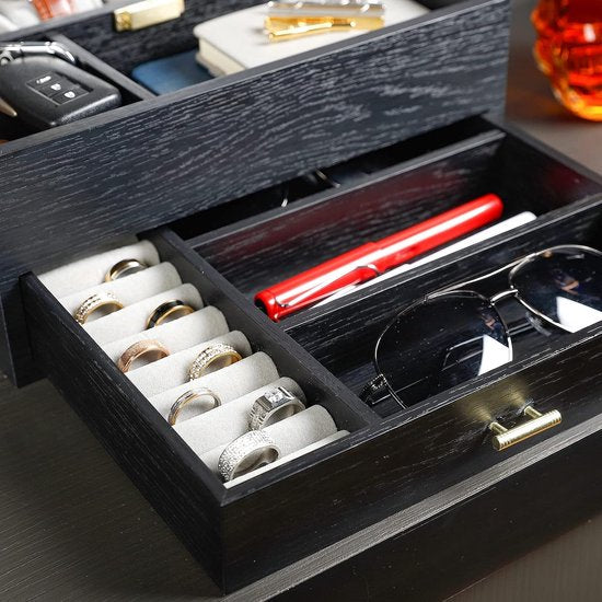 Horlogedoos voor heren, 4 horloges met glazen venster, horlogeopbergdoos, horlogekoffer met lade, cadeau voor mannen,echtgenoot, vriend, Zwart