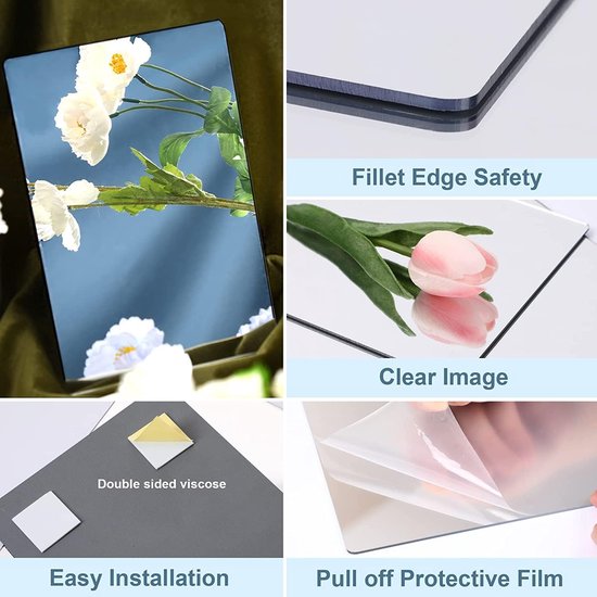 Over dit item ontvang je: 4 stuks zelfklevende spiegeltegels van 30 x 30 cm (dikte: ca. 2 mm), samen met een gratis sticker.