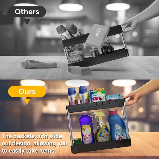 Gootsteenorganizer, keukenkastorganizer met roestvrijstalen buis, 2 stuks onder gootsteenplank, onderkastorganizer met 4 haken, keukenplank voor keuken, badkamer, kast, tafelblad -