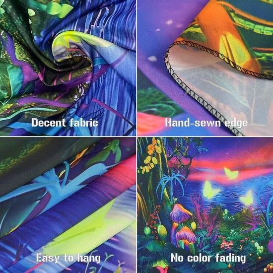 Blacklight Mushroom wandtapijt, melkweg, maan, wandtapijt, uv-reactieve poster, plant, landschap, wandtapijt, vlinder, esthetisch wandkleed voor slaapkamer, woondecoratie