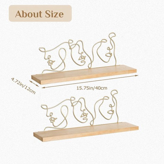 Wandrek, hout, metaal, zwevende plank, wanddecoratie, goud, set van 2, wandplanken, moderne wandplanken, decoratie, woonkamer, 40 cm, abstract, esthetische kunst