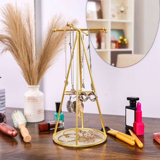 Belle Vous Gouden Pyramide Sieraden Houder Display Standaard met Ronde Basis - H29 cm - Hangende Organizer Boom/Toren - Metalen Opslag Rek voor Kettingen, Armbanden, Ringen & Oorbellen