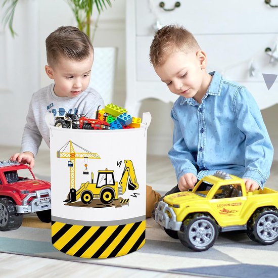 45L Cartoon Digger Sertifen Yellow Boys Laundry Basket Crane Round Toy Clothes Storage Basket for Baby Room, 36 x 45 cm