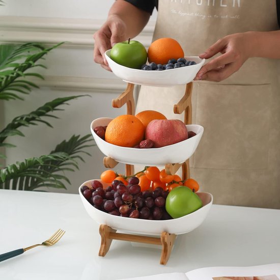 Fruitmand met 3 niveaus, natuurlijke bamboestandaard, keuken, organizer voor groenten en fruit, standaard, serveerbord voor fruit, cake, snoep (PP-kunststof)