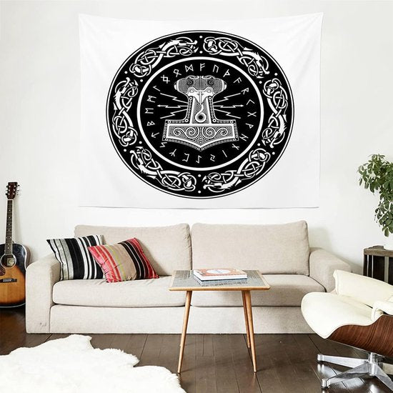 Wandtapijt Thor's hamer Scandinavische meditatie runen dode wanddoek zwart Viking Tapestry Scandinavian Gothic wandkleed slaapzaal slaapkamer 150 x 130 cm