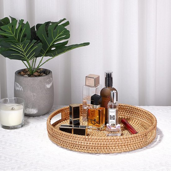 Rond rotan dienblad met handgrepen, decoratief dienblad voor drankjes, ontbijt, thee, kaars