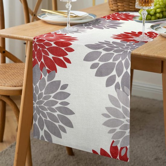 Table Runner Christmas Modern Red Grey Table Runner Double Durable Dahlia Floral Table Mats Runner for Dining Table Wedding Gift Party Wedding Table Runner Linen 40 x 140 cm