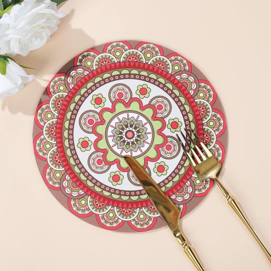 Placemats en onderzetters set van 6, diameter 22 cm, ronde mandala placemats, warmte-isolatie, wasbaar, antislip rubberen placemats voor de eettafel, keuken