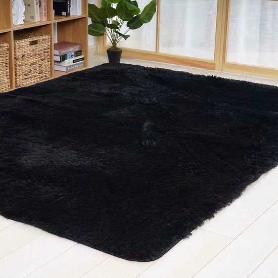 Vloerkleed voor de woonkamer, super zacht tapijt, slaapkamer, shaggy pluizig tapijt, antislip onderkant, modern, shaggy tapijt, langpolig tapijten voor de gang, 120 x 180 cm, zwart