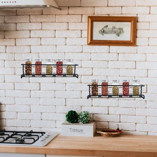 4 stuks keukenrek organizer, kruidenrek, metaal, kruidenrek, zonder boren, zelfklevende keukenkast om op te hangen, Sticky Spice Organizer 29 x 6 x 6,5 cm, zwart