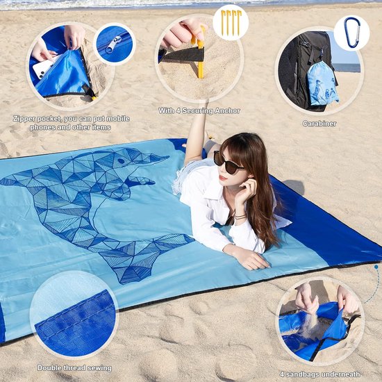 Stranddeken, zandvrij, 300 x 280 cm, XXL, strandhanddoek, picknickdeken, waterdicht, strandmat, groot, voor vakantie, strand, camping, reizen (300 x 280 cm, dolfijn)