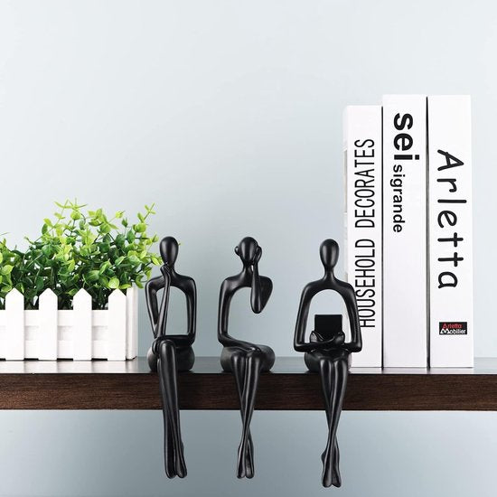 Hars denker stijl goud decor zittende denker standbeeld abstracte sculptuur, boekenplank decor accenten hars verzamelfiguren voor thuiskantoor woonkamer tafel desktop decor (zwart)