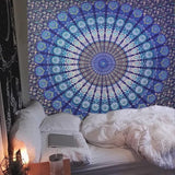 blue colour mandala wall tapestry, psychedelic Indian peacock bed linen, Bohemian, hanging flower pattern bed, Hippie tapestry