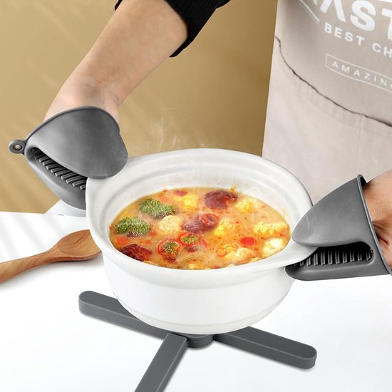 4 x siliconen pannenonderzetters, hittebestendige pannenonderzetters, opvouwbaar met ovenhandschoenen, pannenlap, hittebescherming, hete pannenlap, onderzetter voor potten, hete pannen schalen, zwart