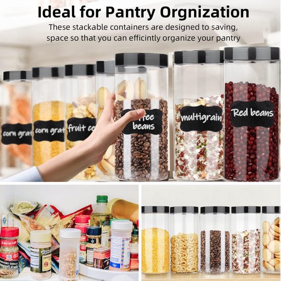 plastic pot met deksel doorzichtige lege containers verpakking van 6, opslagcontainers met luchtdicht zwart voor pinda's, kruiden, koekjes, snoep en droogvoer, lege potten voor opslag