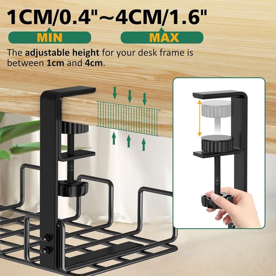 Cable carrier without drilling under the desk, improved cable tray with clamp for table, sturdy metal cable duct for the power strip, black, one pack