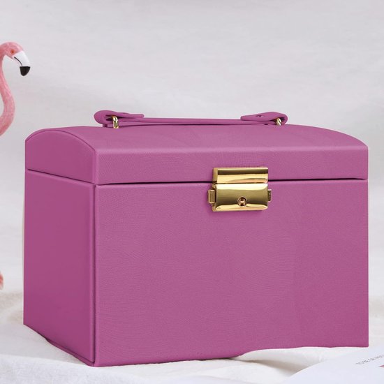 Sieradendoos Afsluitbaar Leren Sieradendoos met Spiegel Sieradendoos Reissieradendoos Sieradendoos Damescompartiment voor kettingen Horloges Ringen Armbanden Oorbellen (roze)