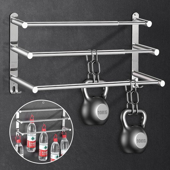 Towel Rail, No Drilling, 43-75 cm, Extendable Towel Rail, Self-Adhesive Bath Towel Holder, Wall 3-Tier Towel Rail with Hooks, Waterproof Rust Bath Towel, Towel Holder for Bathroom/Kitchen