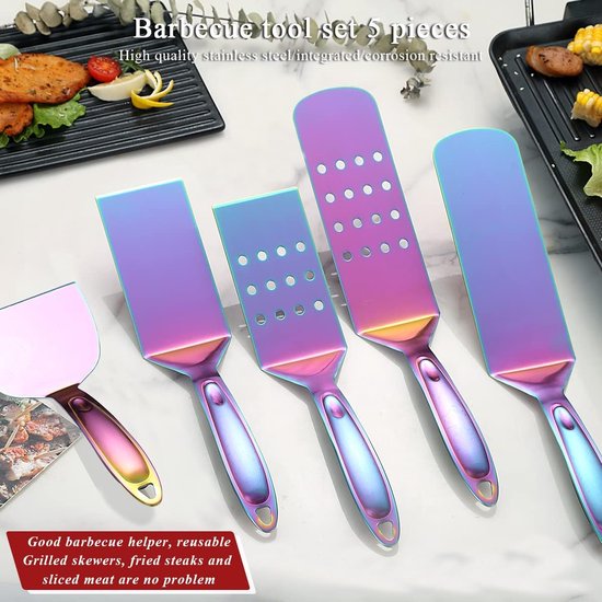 Rainbow BBQ-accessoireset, 5 stuks, roestvrijstalen handgreep met baklite, geen smelten, geen loslaten en hittebestendig, grill-grill-grill-accessoires