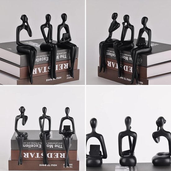 Hars denker stijl goud decor zittende denker standbeeld abstracte sculptuur, boekenplank decor accenten hars verzamelfiguren voor thuiskantoor woonkamer tafel desktop decor (zwart)