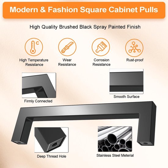 12 stuks meubelgrepen, zwart, 96 mm, kastgrepen, keukengrepen, roestvrijstalen vierkante handgrepen met schroeven en schroevendraaier voor keukens, lades, kasten, meubels