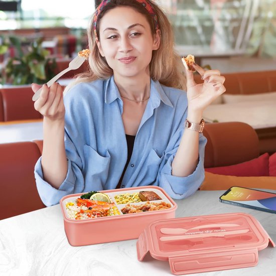 Bento Box voor kinderen en volwassenen, lunchbox voor volwassenen, broodtrommel met 3 vakken, lunchbox voor volwassenen en kinderen, met lepel en vork, magnetron- en vaatwasmachinebestendig