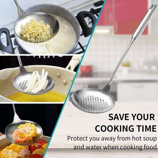 Skimmer, 38 cm roestvrijstalen keukenzeef, gleuflepel, met comfortabele handgreep en ophanggaten, moddervangers voor de keuken