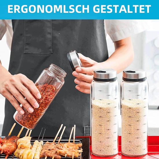Kruidenpotjes, 500 ml, met draaideksel, 2 stuks borosilicaatglas, kruidenstrooier met 3 soorten roestvrijstalen kruidengaten, horen voor keuken, eetkamer, barbecue in de open lucht