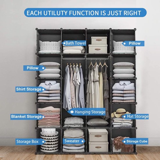 Kledingkast met 8 kubussen, garderobekast, steekreksysteem, kunststof kast met deuren en 1 hanger, diepere vakken dan normaal (45 cm vs. 35 cm) voor meer ruimte