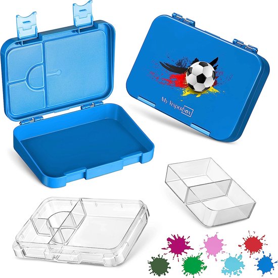 Bento Box lunchbox voor kinderen, met 4 + 2 vakken, extreem robuust, broodbox, ideaal voor kleuterschool en school (blauw, voetbal)