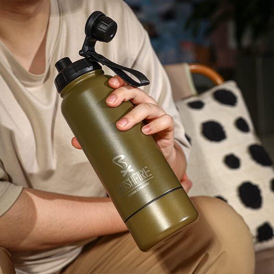 Drinkfles roestvrij staal 1L set met 2 opzetstukken militair groen (groene set (opbergbodem))