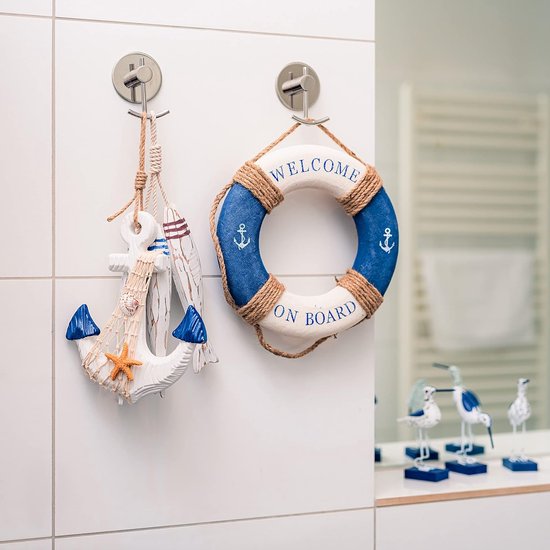 Maritieme badkamer wanddecoratie set van 3 om op te hangen - reddingsring, thermometer en vissen - mooie badkameraccessoires van hout - badkamerdecoratie voor muur, deur en raam - met sisal koord