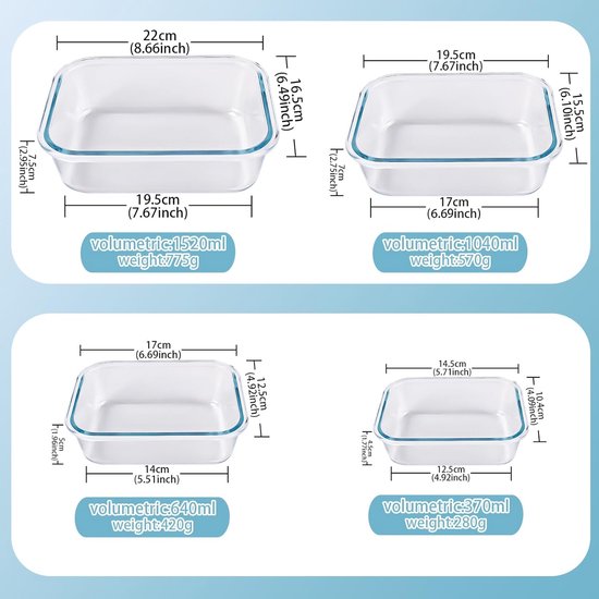 Set van 4 glazen vershouddozen, voorraaddozen, robuust borosilicaatglas, voorraaddozen (1 x 370 ml/1 x 640 ml/1 x 1040/1 x 1520 ml), glazen container met deksel en 1 reinigingsspons