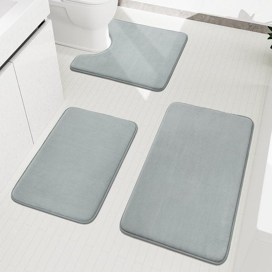 Badmatset, 3-delig, zachte badmat van traagschuim en U-vormige wc-mat, antislip, wasbaar, lichtgrijs