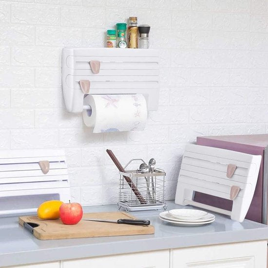 Wandrolhouder, 3-vaks keukenrolhouder, keukenrolhouder, papieren handdoekhouder, foliesnijder, keukenrol, vershoudfolie met opbergruimte voor specerijen (wit)