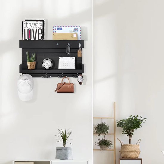 Sleutelrek met plank, wandsleutelhouder met 4 dubbele sleutelhaken, houten rek, sleutelorganisatie, postorganisatie, rustieke wooncultuur voor de entree