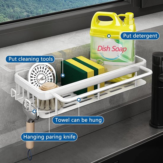 Spoelbak-organizer voor keuken, geen boren, keuken, caddy-houder, opbergruimte voor keukenaccessoires, spons/borstel/spoelzeep, spoelbak met handdoekhouder en haak (wit)