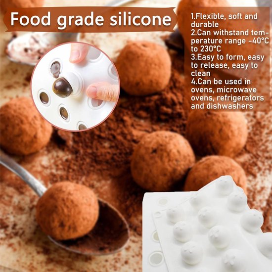 Chocoladevormen, bolvorm, siliconen vorm, 35 gaten, Ø 2 cm, chocolade-vorm, bal, siliconen vorm voor doe-het-zelf chocolade, ballen, cake, ijsballen, gelei, ijsblokjes, snoep, dome-mousse