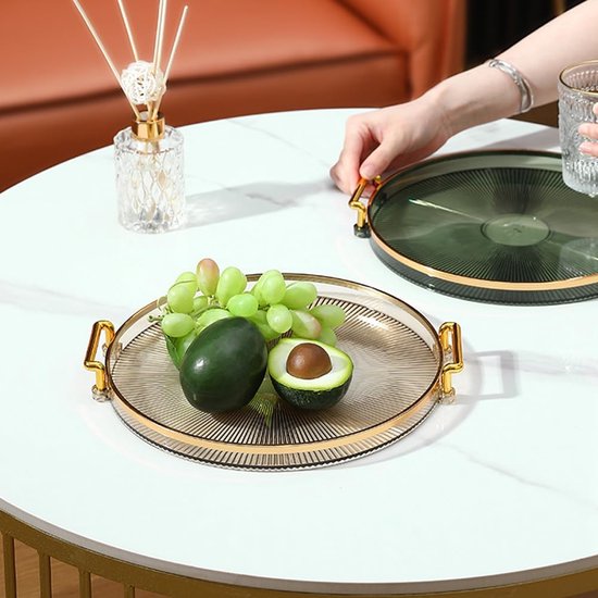 Rond dienblad met handgrepen van acryl, gouden decoratief dienblad voor salontafel, hartstuk, keuken, grote koffie-thee-dienblad, make-up, kandelaar, organizer (ernsteen)