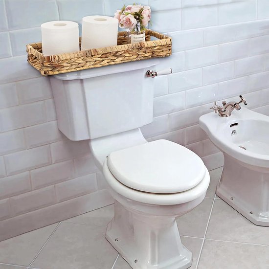 Geweven tablet van waterhyacint, zeegras met handgrepen, bruin waterdichte rechthoekige opbergmand in badkamer, slaapkamer, toiletafdekking als decoratie, cadeau, 43 x 16 x 5 cm