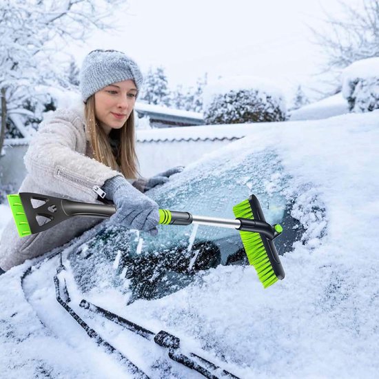 IJskrabber met bezem, 80 cm, 3-in-1 auto reinigingsborstel, sneeuwborstel met 360 graden borstelkop, sneeuwborstel met schuimrubberen handgreep voor auto's, vrachtwagens, SUV's