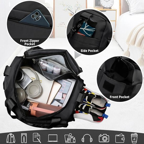 Sporttas voor dames en heren, reistas met schoenenvak en nat vak, groot, opvouwbaar, gymtas, waterdichte zwemtas, lichte trainingstas, jongens, meisjes, duffeltas voor sport, fitness, reizen,