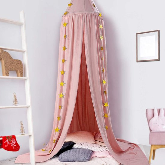 Babybaldakijn, bedhemel voor kinderen, kinderkamer, bedgordijn, katoenen decoratie, muggennet voor prinses, speeltenten, babybed en slaapkamer, decoratie met sterslinger (roze)